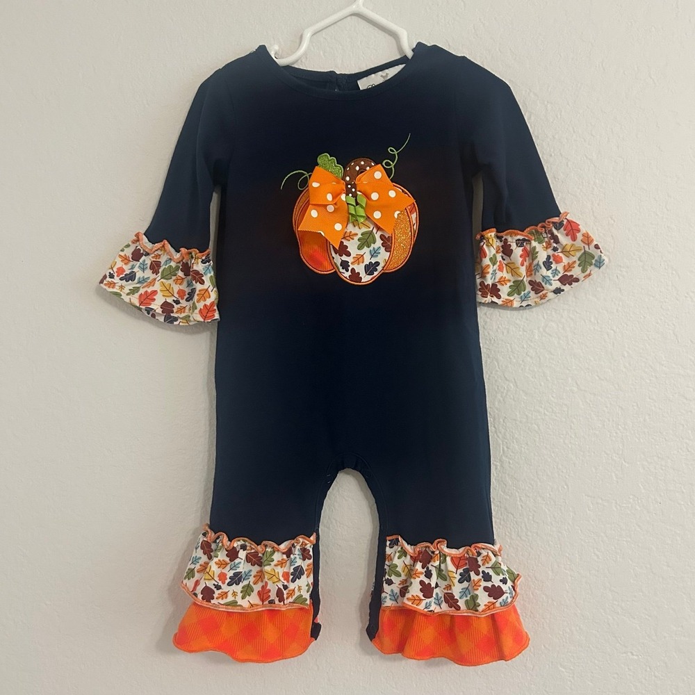 Rare Editions Baby Halloween Pumpkin Outfit Romper Navy Blue Ruffles 6 Months
